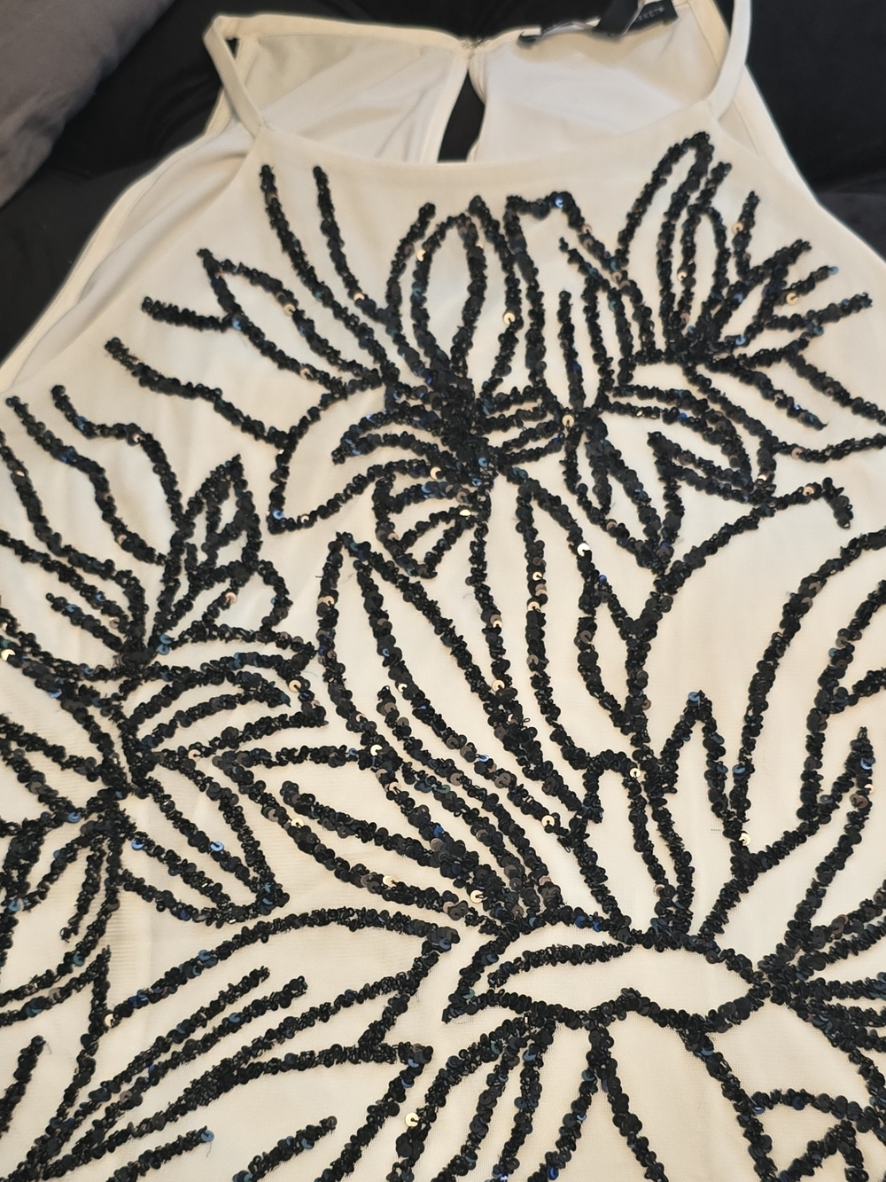 White House Black Market White Tank Top with Black Sequin Floral Design